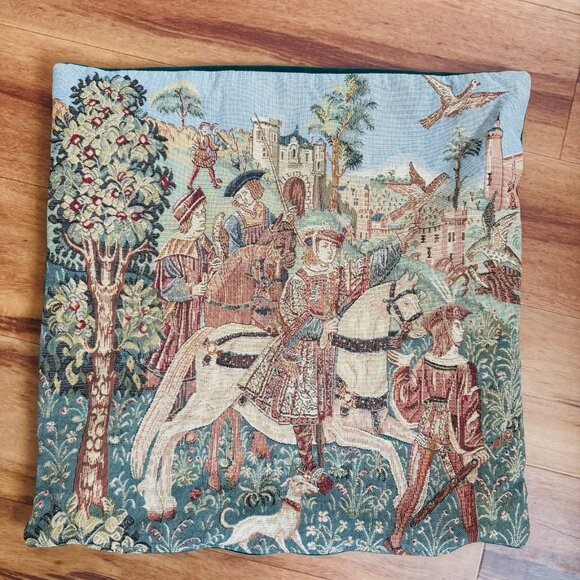 Vintage Gobly's Falcon Hunt Medieval Nobles Hunting Castle Scene European Pillow - Picture 1 of 7
